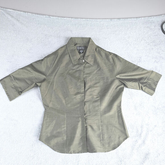 Finity Womens Silk Blouse Top 3/4 Sleeve  Size 10 Button Down Green - Picture 1 of 10
